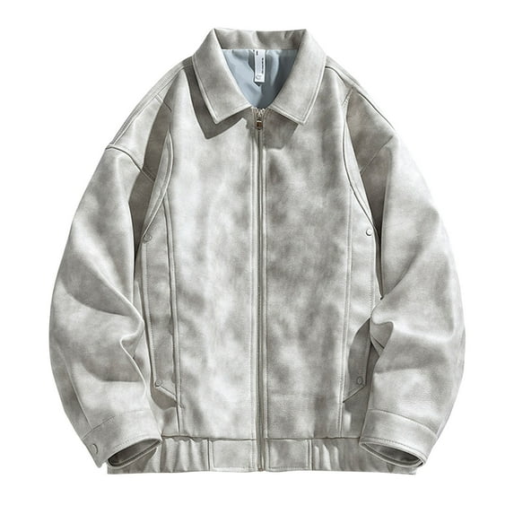 Maoxin Mens Jacket Man Solid Color Leisure Zipper Pocket Flip Collar Long Sleeves Leather Jacket Plus Size Jackets for Men White XL