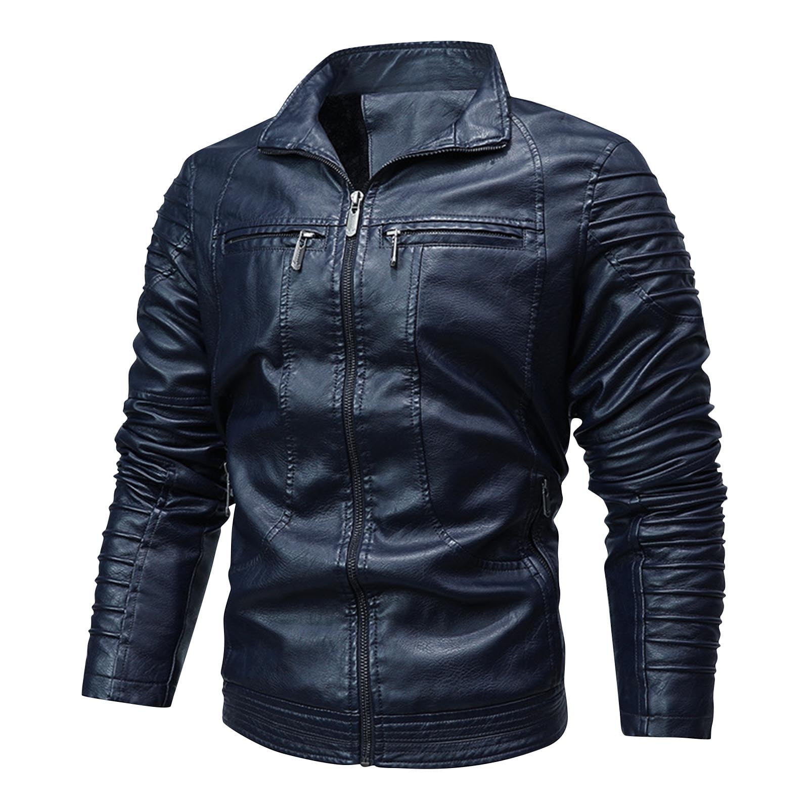 Maoxin Mens Jacket Men Leather Jacket Multiple Pockets Zipper Loose Coat Solid Color Long Sleeved Hooded Leatherwear Coat Jackets for men Blue 2XL