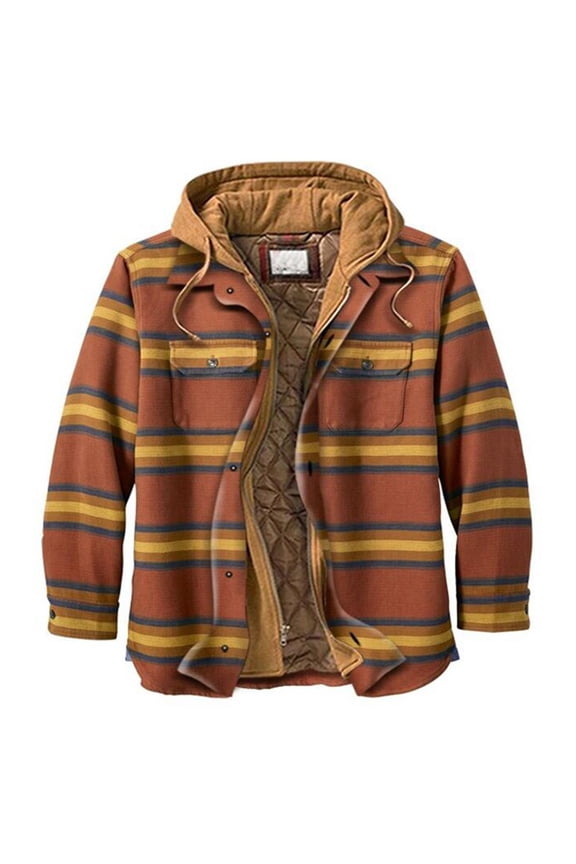 Mens Jacket Men's Casual Fashionable Checkered Printed Button Pockets Fleece Long Sleeved Fake Two-Piece Hooded Jacket Jackets for Men , Yellow , 4XL