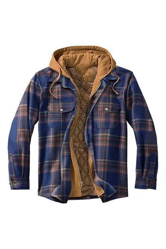 Mens Jacket Men's Casual Fashionable Checkered Printed Button Pockets Fleece Long Sleeved Fake Two-Piece Hooded Jacket Plus Size Jacket for Men , Navy , XL