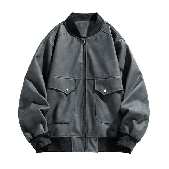 Maoxin Mens Jacket Men's Casual Loose Fitting Long Sleeved Hooded Jacket Long Sleeve Hoodless Faux Leather Outwear Jackets Plus Size Leather Jackets for Men Gray 2XL