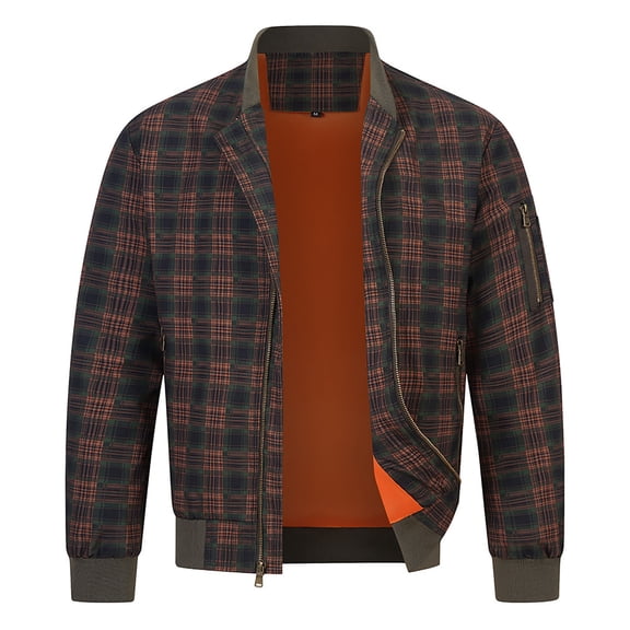 Maoxin Mens Jacket Men's Checkered Print Zipper Pocket Sports Long Sleeved Hooded Casual Jacket Green M