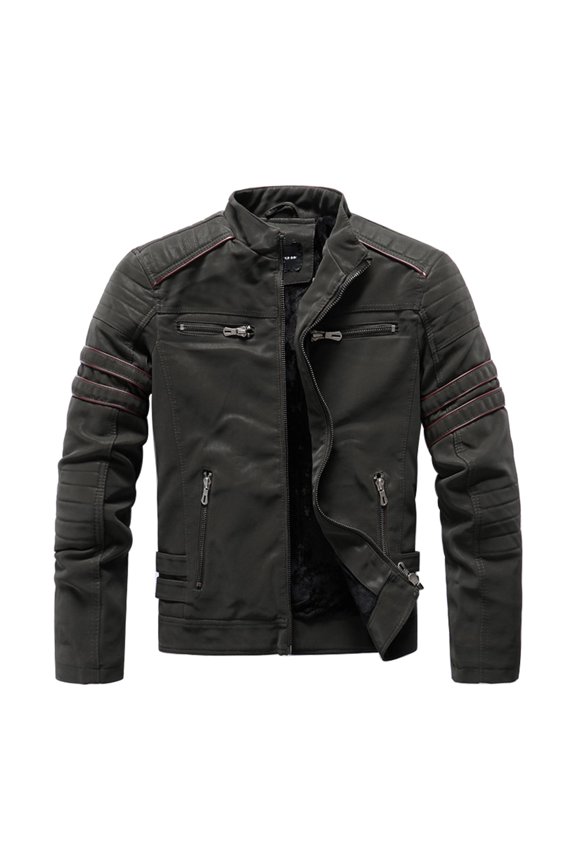 Mens Jacket Men's Dashion Motorcycle Solid Color Zipper Pocket Leather Long Sleeved Hooded Jacket Plus Size Leather Jacket Army Green XL