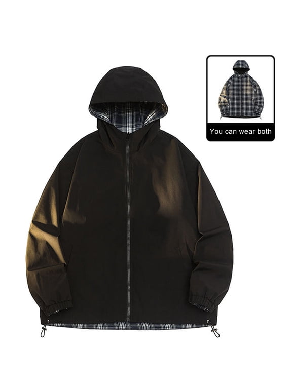 Mens Jacket Men's Fashion Casual Double-sided Plaid Long-sleeved Hooded Casual Coat/jacket Jackets for Men , Black , M