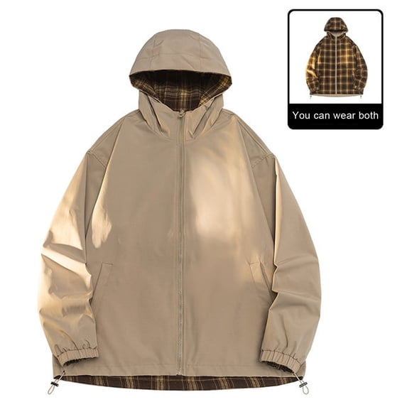 Maoxin Mens Jacket Men's Fashion Casual Double-sided Plaid Long-sleeved Hooded Casual Coat/jacket Plus Size Jacket for Men , Khaki , 2XL
