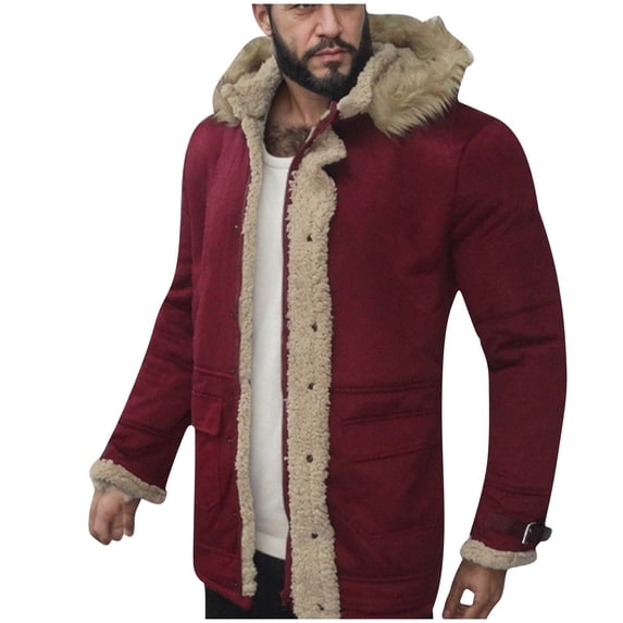 Maoxin Mens Jacket Men's Fashion Casual Faux Fleece Heavy Coat Long Sleeve Hoodless Casual Coat/jacket Wine S