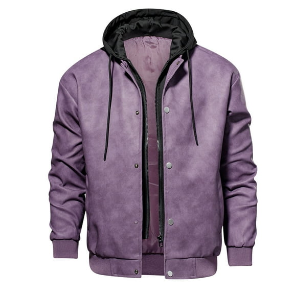 Maoxin Mens Jacket Men's Fashion Casual Outdoor Leather Clip Long Sleeve Hooded Casual Coat/jacket Hardshell Jacket Jackets for Men , Purple , S