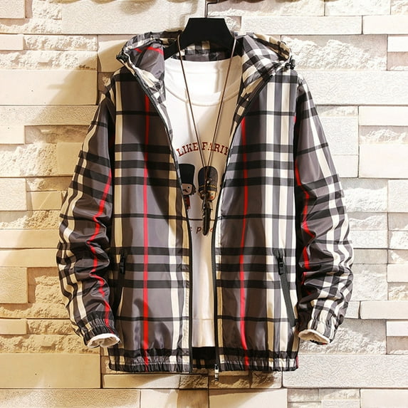 Maoxin Mens Jacket Men's Fashion Casual Sports Checkered Long-sleeved Hooded Casual Coat/jacket Jacket Coats , Gray , L