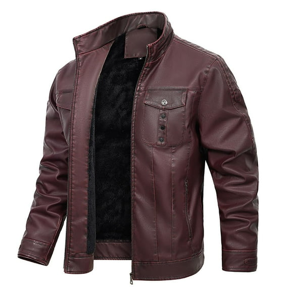 Maoxin Mens Jacket Men's Fashion Motorcycle Solid Color Zipper Pocket Leather Long Sleeved Jacket Plus Size Leather Jackets for Men Wine M