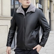 Maoxin Mens Jacket Mens Fashion Vintage Thicke Motorcycle Solid Color Zipper Pocket Leather Long Sleeved Hooded Jacketss for men Black XL
