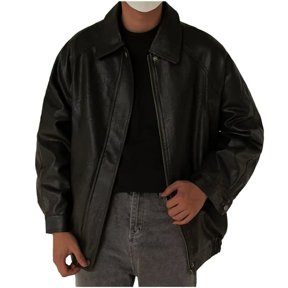 Maoxin Mens Jacket Men's Lapel Casual Loose Heavy Distressed Leather Jacket Long Sleeve Hoodless Leather Coat/Jacket Plus Size Leather Jackets for Men Black L