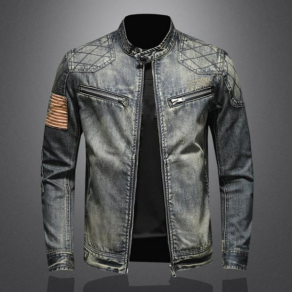 Maoxin Mens Jacket Men's Solid Color Button Pocket Slim Fashion Casual Work Denim Jacket Blue 4XL