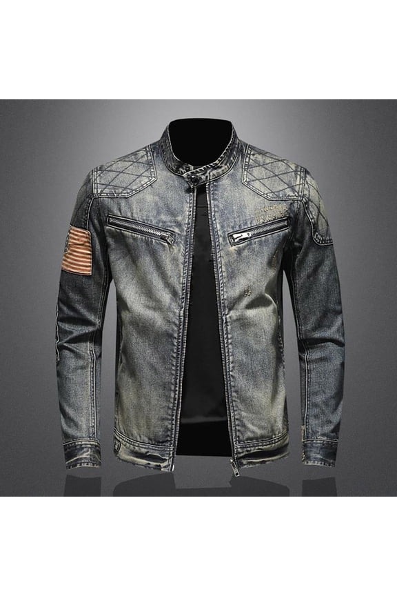 Mens Jacket Men's Solid Color Button Pocket Slim Fashion Casual Work Denim Jacket Blue 4XL