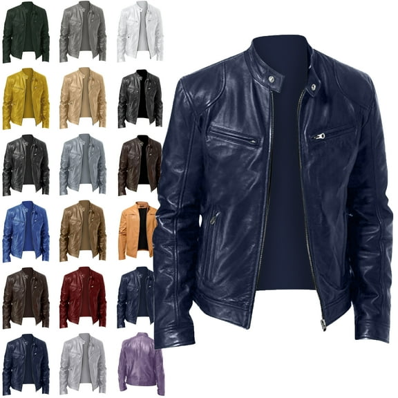 Mens Jacket Men's Solid Color Long Sleeved Casual Leather Jacket Long Sleeve Hoodless Faux Leather Outwear Jackets Plus Size Jackets for Men Dark Blue L