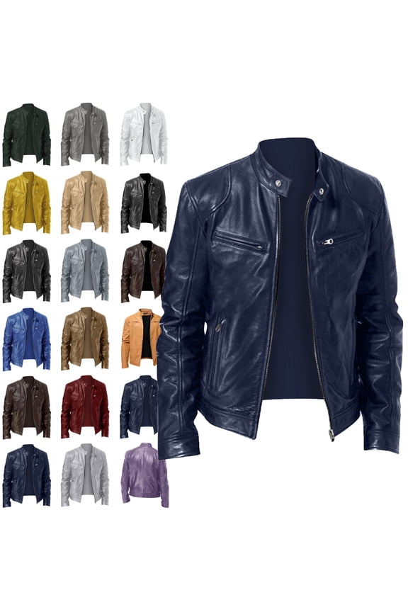 Mens Jacket Men's Solid Color Long Sleeved Casual Leather Jacket Long Sleeve Hoodless Faux Leather Outwear Jackets Plus Size Jackets for Men Dark Blue L