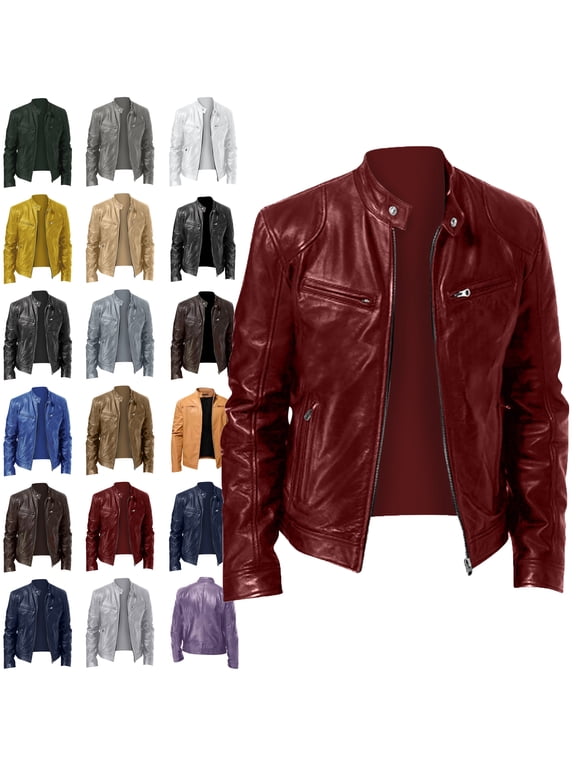 Mens Jacket Men's Solid Color Long Sleeved Casual Leather Jacket Long Sleeve Hoodless Faux Leather Outwear Jackets Plus Size Jackets for Men Wine L