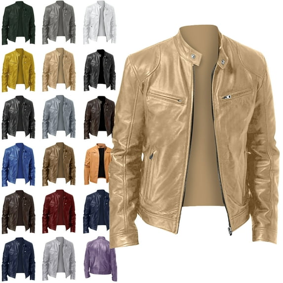 Mens Jacket Men's Solid Color Long Sleeved Casual Leather Jacket Long Sleeve Hoodless Faux Leather Outwear Jackets Plus Size Leather Jackets for Men Gold 4XL