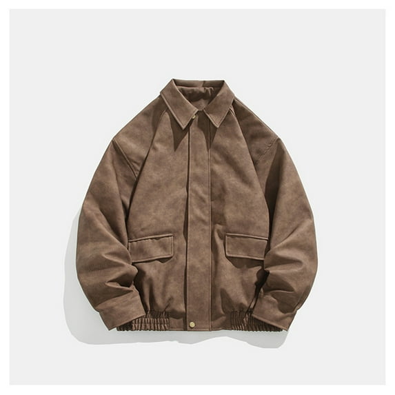 Maoxin Mens Jacket Men's Solid Color Long Sleeved Flip Collar Pocket Button Zipper Leather Jacket Coat Jackets for men Brown L