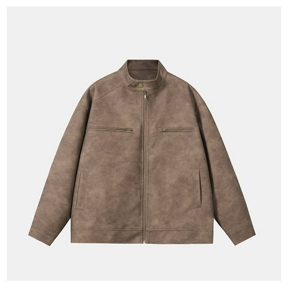Maoxin Mens Jacket Men's Solid Color Long Sleeved Flip Collar Pocket Button Zipper Leather Jacket Coat Plus Size Leather Jackets for Men Brown XL