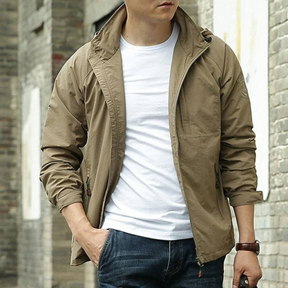 Maoxin Mens Jacket Men's Solid Color Outdoor Water Proofing Pocket Zipper Long Sleeved Detachable Hooded Jacket Plus Size Jacket for Men , Khaki , L