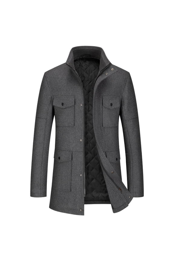 Mens Jacket Men's Solid Color Pocket Zipper Long Sleeved Double-layer Collar Wool Coat Gray L