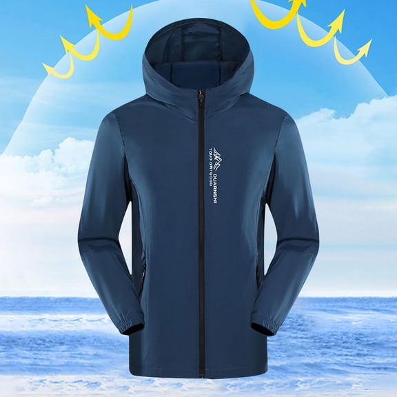Maoxin Mens Jacket Men's Summer Solid Color Sunscreen Thin Long Sleeved Hooded Casual Jacket Jacket Coats , Navy , XL