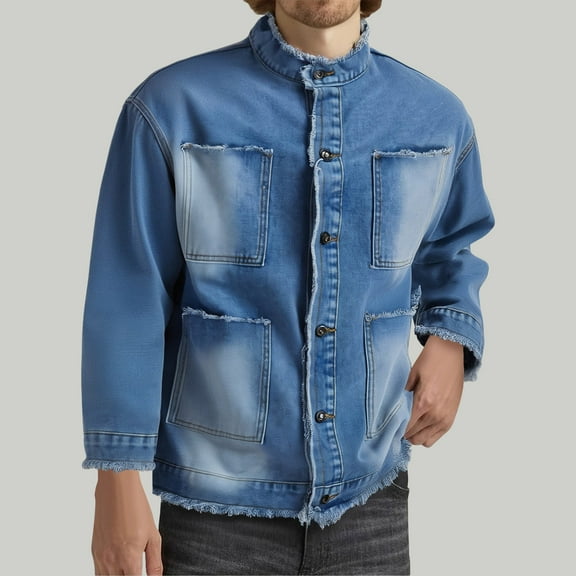 Maoxin Mens Jacket Men's Vintage Denim Jacket Multi Pocket Loose Casual Long Sleeve Denim Top Spring/Autumn Clothing Blue M