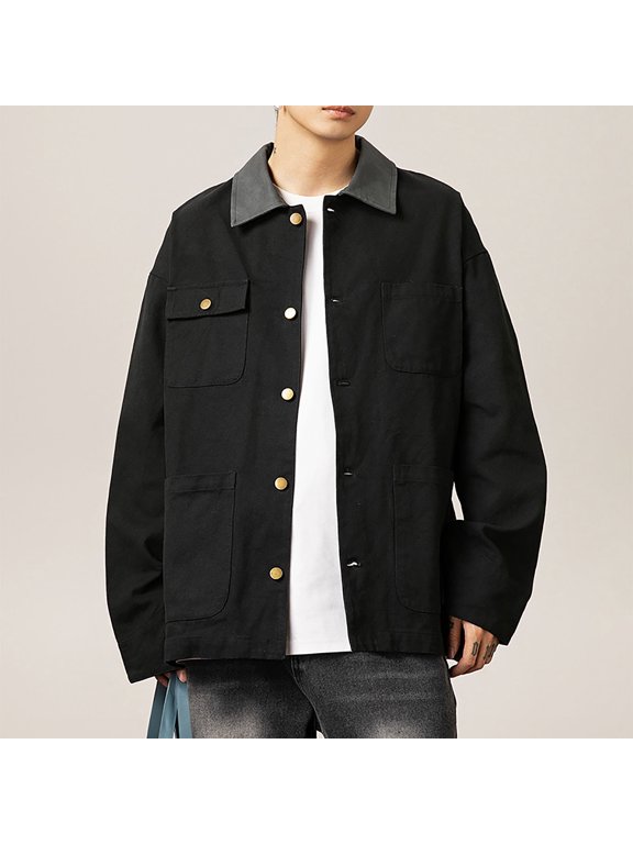 Mens Jacket Men's Vintage Motorcycle Solid Color Button Pocket Long Sleeved Casual Cargo Jacket Black 2XL
