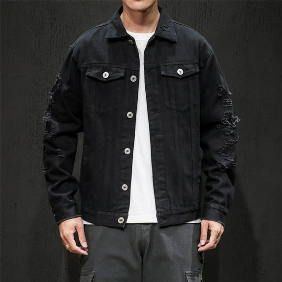 Maoxin Mens Jacket Men's Vintage Motorcycle Solid Color Button Pocket Long Sleeved Denim Jacket Spring/Autumn Clothing Black XL