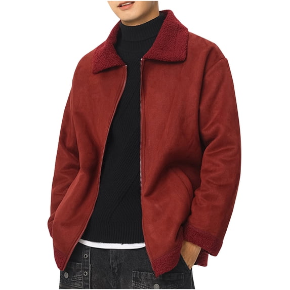 Maoxin Mens Jacket Men's Vintage Warm Solid Color Zipper Pocket Long Sleeved Casual Jacket Red L