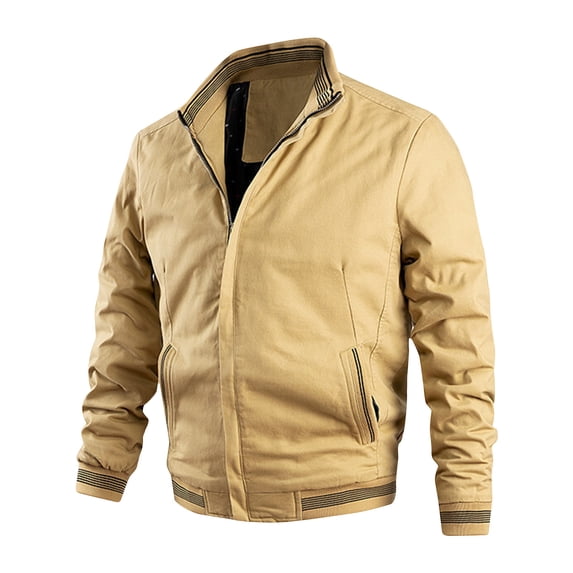 Maoxin Mens Jacket Men's Vintage Warm Solid Color Zipper Pocket Long Sleeved Casual Jacket Yellow L