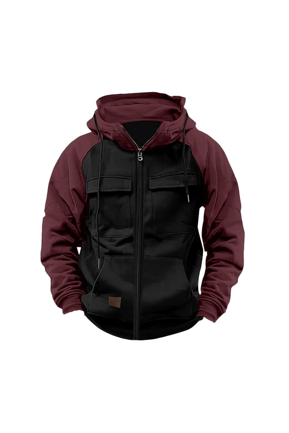 Mens Jacket Men's Vintage Workwear Color Block Multi Pocket Zipper Long Sleeved Hooded Casual Jacket Plus Size Jacket for Men , Black , 3XL