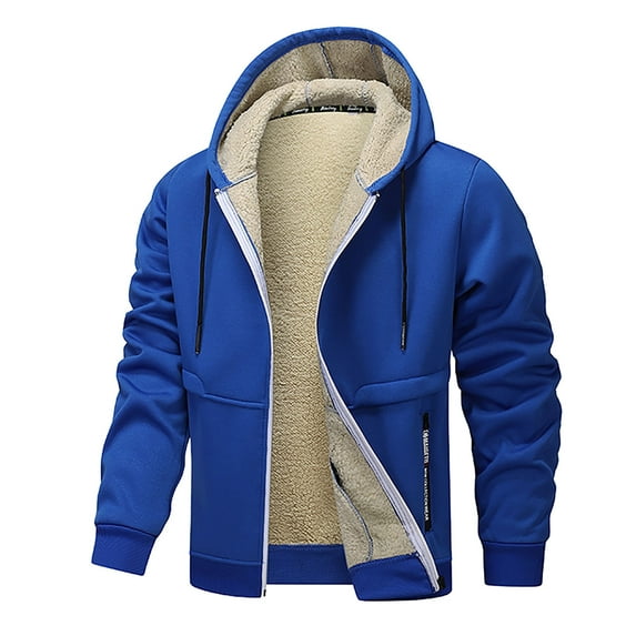 Maoxin Mens Jacket Men's Warm Solid Color Thick Zipper Pocket Drawstring Long Sleeved Hooded Casual Jacket Jackets for Men , Blue , 2XL