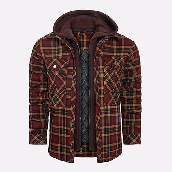 Maoxin Mens Jacket Men's Winter Checkered With Button Pockets And Long Sleeved Hooded Casual Jacket Jacket Coats , Red , XL