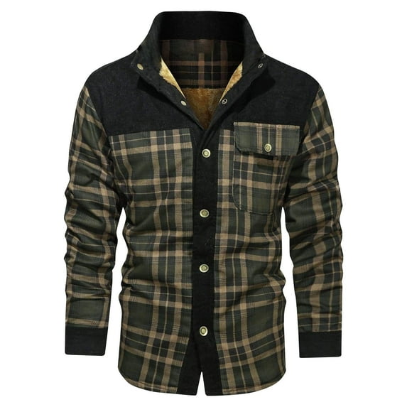 Maoxin Mens Jacket Men's Winter Checkered With Button Pockets And Long Sleeves Hooded Stand Up Collar Casual Jacket Green 3XL