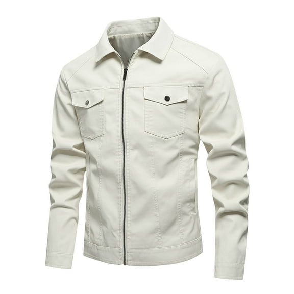 Maoxin Mens Jacket Men's Winter Long Sleeved Leather Motorcycle Jacket Zipper Coat Long Sleeve Hoodless Faux Leather Outwear Jackets Plus Size Jackets for Men White 2XL