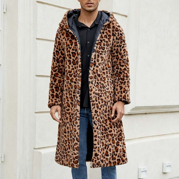 Maoxin Mens Jacket Mens Warm Faux Furry Long Sleeve Long Coat Jacket Winter Leopard V-neck Outerwear Jacket Coats , Brown , 3XL