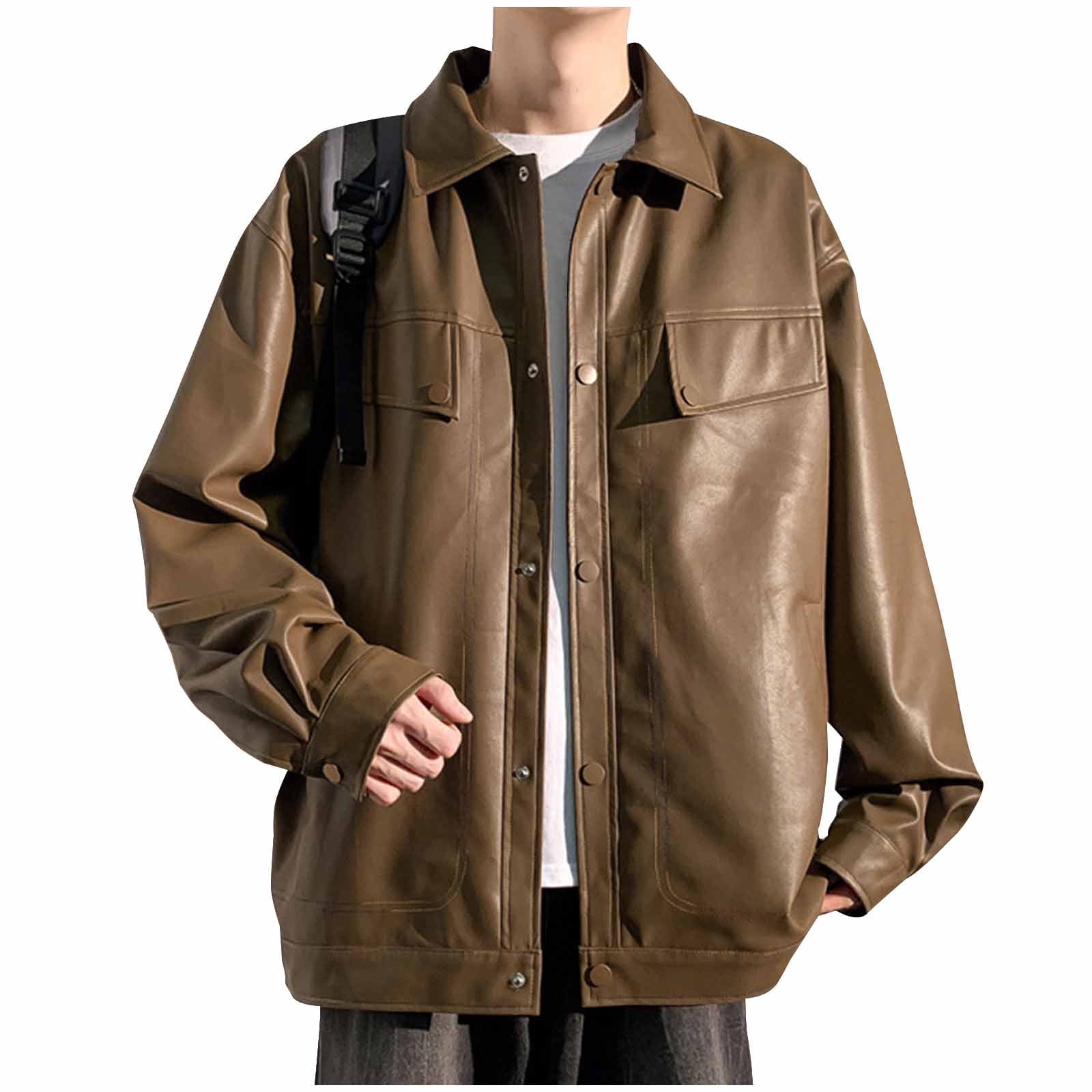 Maoxin Mens Jacket Retro Men's Solid Color Snap Pocket Casual Loose Long Sleeved Hooded Leather Jacket Coat Jackets for men Coffee 4XL