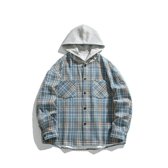 Maoxin Mens Jacket Versatile Hoodie Basic Men's Classic Scottish Plaid Hooded Shirt Long Sleeve Hooded Casual Outwear Jackets Jackets for Men , Blue , M