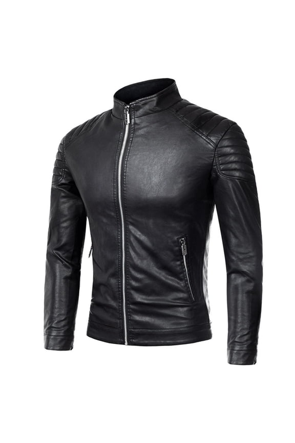 Mens Jackets Men's Fashion Casual Leather Long Jacket Sleeve Lapel Pocket Zipper Fitted Top Coat Black XL