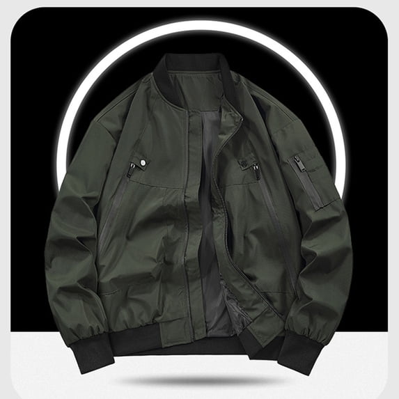 Maoxin Mens Jackets Men's Fashion Solid Color Zipper Pocket Long Sleeved Casual Jacket Army Green M