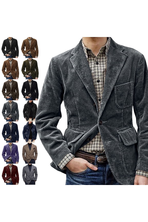 Mens Jackets Men's Fashionable British Solid Color Corduroy Retro Casual Single Breasted Suit Top Gray S