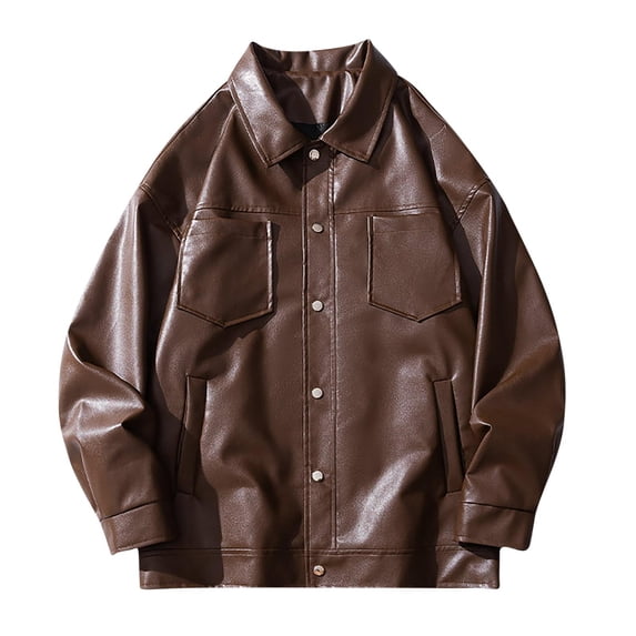 Maoxin Mens Jackets Men's Lapel Leather Jacket Casual Loose Men's Leather Jacket Solid Color Long Sleeved Hooded Casual Jacket/jacket Coffee 5XL