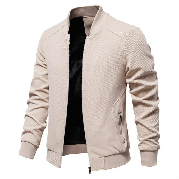 Maoxin Mens Jackets Men's Stand Up Collar Solid Color Jacket Casual Jacket Top Versatile Men's Long Sleeved Hooded Casual Jacket/jacket Beige M