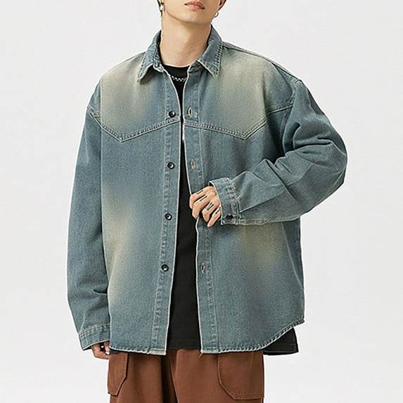 Maoxin Mens Jackets Men's Vintage Motorcycle Denim Button Pocket Long Sleeved Casual Jacket Blue XL