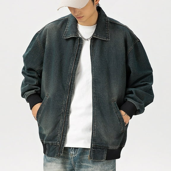 Maoxin Mens Jackets Men's Vintage Motorcycle Denim Zipper Pocket Long Sleeved Casual Jacket Dark Blue L