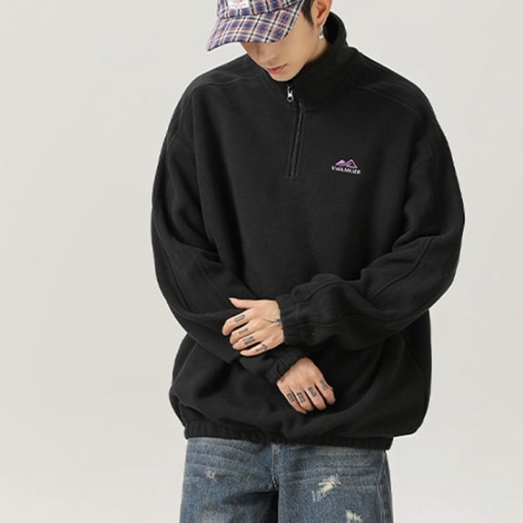 Maoxin Mens Jackets Men's Vintage Warm Solid Color Half Zipper Pocket Long Sleeved Casual Jacket Black XL