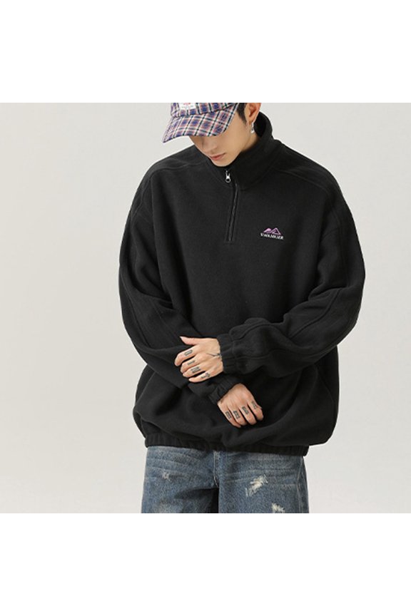 Mens Jackets Men's Vintage Warm Solid Color Half Zipper Pocket Long Sleeved Casual Jacket Black XL