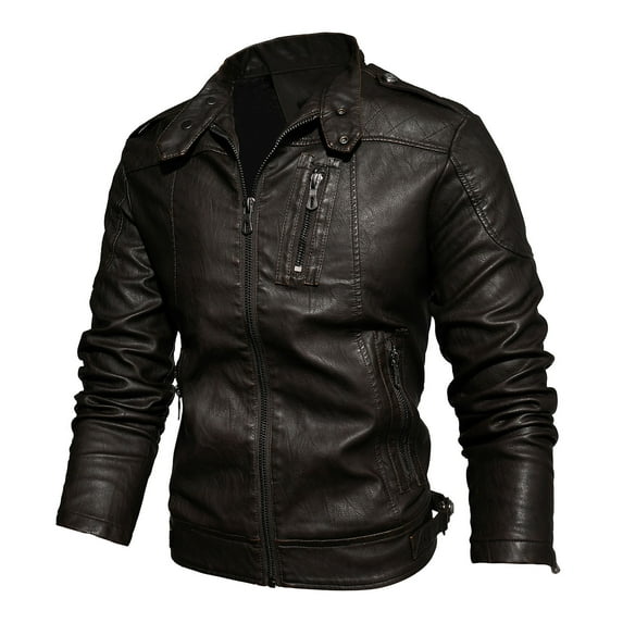 Maoxin Mens Leather Jacket Men Casual Solid Zipper Fashion Motorcycle Stand-up Collar Leather Winter Jacket Leather Jacket Plus Size Coffee XL