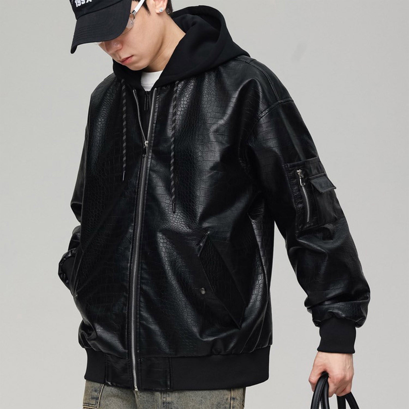 Maoxin Mens Leather Jacket Men Fashion Solid Color Zipper Pocket Hooded Long Sleeve Hooded Leather Outwear Leather Jacket Men